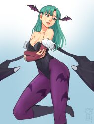 1girl absurdres animal_print arms_under_breasts artist_logo artist_name bare_shoulders bat_print black_boots black_leotard blue_background boots breasts bridal_gauntlets collarbone commentary covered_navel darkstalkers demon_wings elbow_gloves gloves gradient_background green_eyes green_hair head_wings high_heel_boots high_heels highleg highleg_leotard highres knee_boots large_breasts leotard logo long_hair morrigan_aensland pantyhose parted_lips print_pantyhose purple_pantyhose red_gloves red_pupils simple_background solo strapless strapless_leotard watcher_hollow wings