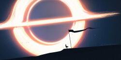1girl artist_name bird black_hole flag huhv. original outdoors scenery shadow silhouette sky solo space standing star_(sky) starry_sky very_wide_shot