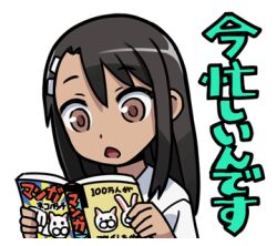 1girl 774_(nanashi) black_hair book brown_eyes collared_shirt holding holding_book ijiranaide_nagatoro-san long_hair lowres nagatoro_hayase open_mouth reading shirt simple_background solo tan upper_body white_background white_shirt