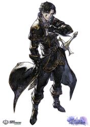 1boy belt black_boots black_coat black_gloves boots closed_mouth coat dagger facial_mark forlorn_memories full_body gloves highres holding holding_dagger holding_knife holding_weapon knife kotatsu_(g-rough) long_sleeves male_focus official_art simple_background solo sword weapon white_background