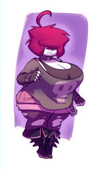 1girl ahoge bigdad black_boots boots bra breasts cleavage collar covered_eyes fingerless_gloves gazlene_membrane gloves huge_breasts invader_zim plump simple_background solo thick_thighs thighs torn_clothes underwear