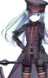 1girl blue_hair coat commission cropped dragon_quest dragon_quest_x elf elf_(dq10) eyepatch gloves hat highres holding holding_staff long_hair looking_at_viewer original pointy_ears purple_eyes riuichi skeb_commission smile solo staff