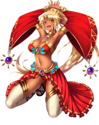 1girl arm_up armpits artist_request bad_source blonde_hair bracelet breasts cleavage collar earrings full_body game_cg gem gold jewelry kneeling large_breasts long_hair navel official_art open_mouth orange_eyes panties ponytail red_panties sasha_(sennen_sensou_aigis) sennen_sensou_aigis solo tan thighs third-party_source transparent_background underwear