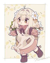 Rule 34 | 1girl, :3, ahoge, apron, black ribbon, blonde hair, blush stickers, boots, border, braid, brown boots, brown dress, closed mouth, collared dress, commentary, dress, flower, full body, hair flower, hair ornament, highres, long hair, long sleeves, minahoshi (vrchat), neck ribbon, notamaru 2, outline, outside border, ribbon, signature, solo, standing, twin braids, vrchat, white border, white flower, white outline, yellow apron, yellow background, yellow eyes