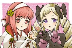 2girls aristocratic_clothes blonde_hair drill_hair earrings elise_(fire_emblem) fire_emblem fire_emblem_fates hairband highres japanese_clothes jewelry momojikutteyaru multiple_girls nintendo pink_eyes pink_hair purple_eyes purple_hair sakura_(fire_emblem) twin_drills twintails white_hairband