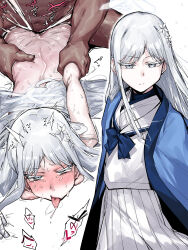1boy 1girl ahegao blue_archive blue_bow blue_bowtie blush bow bowtie closed_mouth cum cum_overflow dark-skinned_male dark_skin grey_hair grey_shirt hair_ornament halo haori highres holding_own_arm japanese_clothes long_hair lying multiple_views nagusa_(blue_archive) nose_blush on_stomach prone_bone rolling_eyes sex sex_from_behind shirt skirt snowflake_hair_ornament solo_focus takutaku12364 tongue tongue_out white_halo white_shirt white_skirt