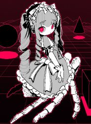 1girl absurdres arachne arthropod_girl back_bow bow dress dress_bow drill_hair full_body gloves grey_hair highres insect_girl long_hair looking_at_viewer looking_back maiandkoh maid maid_headdress monster_girl original puffy_short_sleeves puffy_sleeves red_eyes red_theme short_sleeves sidelocks solo spider_girl spot_color taur very_long_hair