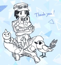 1boy blue_background boots calem_(pokemon) eyewear_on_headwear fletchling froakie gen_1_pokemon gen_6_pokemon greyscale_with_colored_background highres male_focus nintendo open_mouth pokemon pokemon_(creature) pokemon_xy sabi_(sb_bstr) sitting sunglasses thank_you weedle