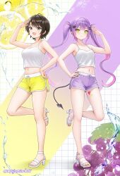 2girls :d absurdres alternate_costume arm_up armpit_crease bare_arms bare_legs bare_shoulders black_hair breasts brown_hair bubble camisole cleavage closed_mouth collarbone commentary crop_top demon_tail dolphin_shorts ear_piercing earclip feet fingernails full_body green_eyes green_nails hair_ornament hairclip hand_on_own_hip heart heart_tattoo high_heel_sandals highres hololive knees leg_tattoo legs long_hair looking_at_viewer medium_breasts midriff multicolored_hair multiple_girls nail_polish navel navel_piercing oozora_subaru open_mouth piercing pink_background pink_hair pink_lips pink_nails pink_shorts purple_hair salute sandals shoes short_hair short_shorts shorts side_slit side_slit_shorts smile spiked_ear_piercing standing standing_on_one_leg stomach strappy_heels swept_bangs tail tank_top tattoo thighs toenail_polish toenails toes tokoyami_towa twintails twitter_username two-tone_hair virtual_youtuber wajuniorbox white_camisole white_shoes white_tank_top yellow_background yellow_shorts