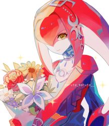 1girl bouquet colored_skin fins fish_girl flower head_fins highres holding holding_bouquet jewelry looking_at_viewer maruta_maruta mipha monster_girl multicolored_skin neck_ring nintendo one_eye_covered red_flower red_hair red_skin silent_princess smile solo sparkle the_legend_of_zelda the_legend_of_zelda:_breath_of_the_wild twitter_username two-tone_skin upper_body white_background white_skin yellow_eyes yellow_flower zora