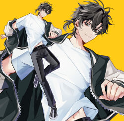 1boy absurdres antenna_hair belt bettybei302 black_belt black_eyes black_hair black_jacket black_pants black_shoes cheng_xiaoshi chinese_commentary closed_mouth full_body hair_between_eyes highres jacket jacket_partially_removed long_sleeves looking_at_viewer male_focus midriff_peek multicolored_jacket multicolored_shoes multiple_views navel off_shoulder open_clothes open_jacket pants ponytail shiguang_dailiren shirt shoes short_hair short_ponytail simple_background smile sneakers t-shirt white_shirt yellow_background zipper