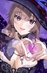 1girl absurdres bare_shoulders black_background black_choker black_dress black_hat breasts breasts_apart brown_hair choker commentary_request detached_sleeves dress from_above hair_ornament hair_ribbon hairclip hat heart heart_hands herta_(honkai:_star_rail) highres honkai:_star_rail honkai_(series) jewelry key key_necklace large_breasts long_hair looking_at_viewer nail_polish necklace open_mouth portrait purple_eyes purple_nails purple_ribbon rererere_mon ribbon smile solo the_herta_(honkai:_star_rail) witch_hat