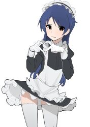 1girl absurdres apron black_dress blue_hair brown_eyes ch2haya_p closed_mouth cowboy_shot dress four-finger_heart_hands gloves heart heart_hands highres idolmaster idolmaster_(classic) juliet_sleeves kisaragi_chihaya long_hair long_sleeves looking_at_viewer maid maid_apron maid_headdress puffy_sleeves simple_background solo standing thighhighs white_apron white_background white_gloves white_thighhighs