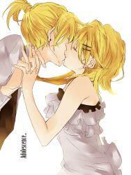 1boy 1girl blonde_hair brother_and_sister closed_eyes dress earrings english_text frills hetero holding_hands incest interlocked_fingers jewelry kagamine_len kagamine_rin kiss long_sleeves necktie ponytail rikuko short_hair siblings twincest twins vest vocaloid white_background white_dress yellow_necktie