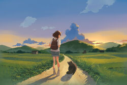 1girl backpack bag blue_shorts brown_eyes brown_hair building cloud cumulonimbus_cloud dirt_road evening farm from_behind grass highres landscape long_bangs looking_at_animal mountainous_horizon nature original outdoors profile raccoon road rural scenery shadow shirt short_hair short_sleeves shorts sidelocks solo sunset taizo_(taizo_03) walking white_shirt wide_shot