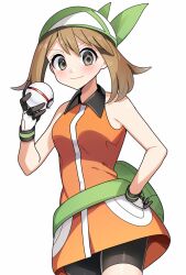 1girl bandana bike_shorts blush brown_eyes brown_hair closed_mouth collared_dress commentary dress eyelashes fanny_pack gloves green_bag green_bandana hand_on_own_hip highres holding holding_poke_ball looking_at_viewer may_(pokemon) medium_hair nintendo orange_dress poke_ball pokemon pokemon_emerald pokemon_rse premier_ball simple_background sleeveless sleeveless_dress smile solo white_background white_gloves yuihico
