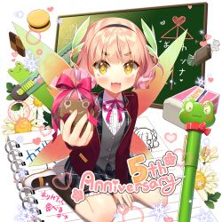 1girl blazer blunt_bangs chalkboard food holding jacket kanna_(uchihime) notebook pink_hair red_jacket salt_(salty) school_uniform short_hair sweets uchi_no_hime-sama_ga_ichiban_kawaii wings yellow_eyes