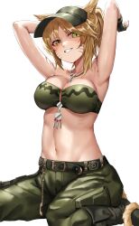 1girl absurdres animal_ears arms_up belt blonde_hair bra breasts cargo_pants cat_ears cat_girl cat_tail commission facial_mark fingerless_gloves gloves green_bra green_eyes green_pants grin heterochromia highres large_breasts looking_at_viewer original pants putcho simple_background skeb_commission smile solo tail underwear whisker_markings white_background yellow_eyes