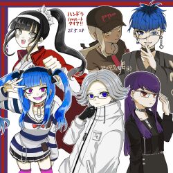 2boys 4girls amemiya_darumi aotsuki_eito baseball_cap black_gloves black_hair black_jacket blonde_hair blue_eyes blue_hair blue_shirt blue_stripes border bridge_piercing closed_mouth collar collarbone dark-skinned_female dark_skin earrings eyelashes eyepatch face_piercing fingernails frown glasses gloves grey_eyes hair_between_eyes hand_up hat heart highres jacket jewelry kawana_tsubasa lip_piercing long_hair looking_at_viewer magadori_kyoshika makeup multicolored_hair multiple_boys multiple_girls omokage_yugamu one_eye_covered open_mouth piercing pink_eyes pink_thighhighs pleated_skirt purple_border purple_hair red_eyes runny_makeup safety_pin shirt shizuhara_hiruko simple_background skirt smile striped_clothes striped_shirt striped_skirt teeth the_hundred_line_-last_defense_academy- thighhighs twintails upper_body white_background white_border white_hair white_shirt white_stripes yellow_eyes