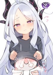1boy 1girl absurdres alternate_costume black_hoodie blue_archive blush commentary demineko demon_girl demon_horns doodle_sensei_(blue_archive) frown head_under_another&#039;s_clothes highres hina_(blue_archive) hood hoodie horns loli long_hair no_halo purple_eyes sensei_(blue_archive) simple_background under_another&#039;s_clothes waving_arms white_background white_hair