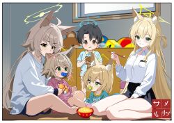 1boy 4girls absurdres animal_ear_fluff animal_ears biting biting_ear black_hair black_skirt blue_archive blue_shirt blush brown_eyes closed_mouth food_in_mouth fox_ears fox_girl fox_print green_eyes grin hair_between_eyes highres holding holding_spoon holding_stuffed_toy kurumi_(blue_archive) long_hair looking_at_another looking_back medium_hair melissa_v2 mother_and_daughter mother_and_son multiple_girls otogi_(blue_archive) pacifier purple_shirt purple_shorts shirt short_hair shorts sidelocks skirt smile socks spoon stuffed_animal stuffed_toy teddy_bear white_shirt white_socks