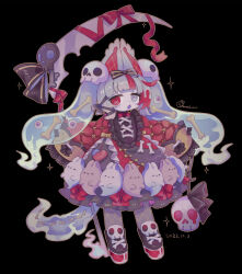 1girl :o animal_ears black_background black_bow blunt_bangs bone_hair_ornament bow brown_shoes brown_skirt commentary_request dated frilled_skirt frilled_sleeves frills full_body grey_eyes grey_pantyhose hair_ornament heterochromia holding holding_scythe long_hair long_sleeves looking_at_viewer multicolored_hair open_mouth original outline pantyhose platform_shoes red_eyes red_hair red_ribbon red_shirt ribbon scythe shirt shoes signature simple_background skirt skull_hair_ornament sleeves_past_fingers sleeves_past_wrists solo sorata123 standing streaked_hair twintails yellow_outline
