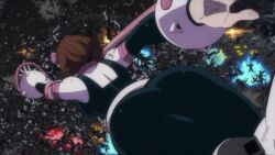 1girl anime_screenshot ass ass_focus black_bodysuit bodysuit boku_no_hero_academia boots brown_hair high_heel_boots high_heels huge_ass multicolored_bodysuit pink_bodysuit short_hair skin_tight thick_thighs thighs third-party_edit uraraka_ochako white_bodysuit