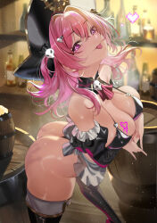 1girl :p absurdres apron ascot ass bar_(place) bare_shoulders barrel bikini black_bikini black_hat blush bottle breasts cleavage detached_collar goddess_of_victory:_nikke hair_ornament hat heart heart-shaped_pupils heart_in_eye highres large_breasts looking_at_viewer maid_apron mast_(nikke) mast_(romantic_maid)_(nikke) medium_hair pink_hair pirate_hat purple_eyes red_ascot skull_hair_ornament smile solo strap_gap swimsuit symbol-shaped_pupils symbol_in_eye teddypocky thong thong_bikini tongue tongue_out