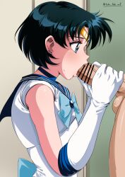 1boy 1girl absurdres bar_censor bishoujo_senshi_sailor_moon blue_choker blue_hair bow censored choker commentary_request earrings elbow_gloves fellatio gloves head_out_of_frame highres jewelry large_penis mizuno_ami multiple_earrings multiple_piercings oral penis profile sailor_collar sailor_mercury short_hair sweatdrop takatsuki_p tiara white_gloves