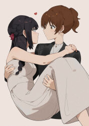 2girls arms_around_neck bare_arms black_hair black_jacket blush brown_eyes brown_hair carrying closed_mouth commentary_request dress hair_ribbon heart hibike!_euphonium highres jacket kousaka_reina lie_lack1080 multiple_girls oumae_kumiko pink_background ponytail princess_carry purple_eyes red_ribbon ribbon shirt simple_background sleeveless sleeveless_dress sweatdrop white_dress white_shirt yuri