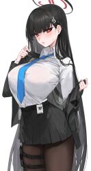 1girl absurdres alracoco alternate_costume black_hair black_jacket black_pantyhose black_skirt blue_archive blue_necktie blush breasts collared_shirt cowboy_shot halo highres holster jacket large_breasts long_hair long_sleeves looking_at_viewer necktie off_shoulder pantyhose pleated_skirt red_eyes removing_jacket rio_(blue_archive) school_uniform shirt shirt_tucked_in simple_background skirt solo sweatdrop thigh_holster very_long_hair white_background white_shirt