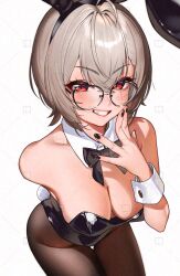 1girl animal_ears arm_behind_back black_bow black_leotard black_nails black_pantyhose bow breasts detached_collar glasses grey_hair grin highres indie_virtual_youtuber large_breasts leotard looking_at_viewer nanja pantyhose playboy_bunny rabbit_ears rabbit_girl red_eyes saruei_(vtuber) scar scar_on_face short_hair simple_background smile solo strapless strapless_leotard teeth virtual_youtuber watermark white_background wrist_cuffs