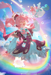 1girl absurdres aqua_bow aqua_bowtie bow bowtie closed_eyes dress drill_hair gradient_hair hand_up highres honkai:_star_rail honkai_(series) hyacine_(honkai:_star_rail) kanoko_lu little_ica_(honkai:_star_rail) long_sleeves medium_hair multicolored_hair open_mouth pantyhose rainbow red_dress smile twin_drills twintails white_dress white_pantyhose