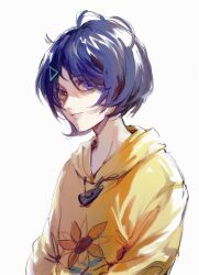 1girl ahoge blue_eyes blue_hair closed_mouth elicooc eyelashes floral_print hair_ornament heterochromia highres hood hood_down hoodie long_sleeves looking_at_viewer ooto_ai print_hoodie short_hair solo sunflower_print triangle_hair_ornament upper_body white_background wonder_egg_priority yellow_eyes yellow_hoodie