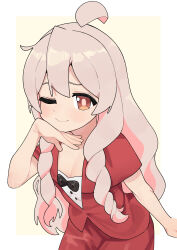1girl ;) absurdres ahoge alternate_costume araimelon bare_arms black_bow bow brown_eyes commentary drill_hair drill_sidelocks english_commentary hand_on_own_chin highres leaning_forward lifting_another&#039;s_clothes long_hair one_eye_closed onii-chan_wa_oshimai! oyama_mahiro pink_hair red_skirt short_sleeves sidelocks simple_background skirt smile solo very_long_hair yellow_background