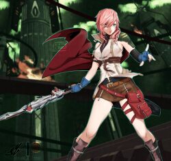 Rule 34 | 1girl, aqua eyes, armor, armpit crease, artist name, blue gloves, blurry, blurry background, boots, breasts, brown boots, cape, commentary, eightyfourart, feet out of frame, final fantasy, final fantasy xiii, fingerless gloves, gloves, gunblade, hair over one eye, highres, holding, holding sword, holding weapon, jacket, lightning farron, long hair, looking at viewer, microskirt, navel, navel piercing, outdoors, parted lips, piercing, pink hair, pouch, red cape, shoulder armor, sidelocks, skirt, sleeveless, sleeveless jacket, small breasts, solo, swept bangs, sword, thigh pouch, thighs, turtleneck, watermark, weapon, web address, white jacket