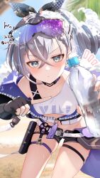 1girl absurdres beach black_gloves black_jacket black_shorts bottle breasts closed_mouth crop_top day eyewear_on_head fingerless_gloves gloves goggles goggles_on_head grey_eyes grey_hair hair_between_eyes highres holding holding_bottle honkai:_star_rail honkai_(series) jacket kabu_usagi leaning_forward long_hair looking_at_viewer medium_breasts outdoors palm_tree plastic_bottle ponytail revision shirt shorts silver_wolf_(honkai:_star_rail) single-shoulder_shirt small_breasts solo sweat thigh_strap tree water_bottle white_shirt