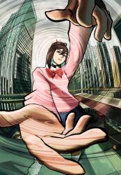 1girl absurdres ayase_momo black_choker blue_skirt bow bowtie brown_hair building chaosoded choker commentary dandadan earrings hair_between_eyes highres jewelry looking_at_viewer outdoors pink_sweater red_bow red_bowtie short_hair skirt solo sweater