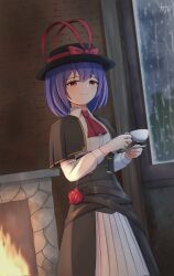 1girl alternate_costume ascot black_capelet black_hat bow capelet closed_mouth commentary cup english_commentary fireplace flower hat hat_bow hatoman_(ytef4434) highres holding holding_cup indoors long_sleeves nagae_iku purple_hair rain red_ascot red_bow red_eyes red_flower short_hair smile solo teacup touhou window