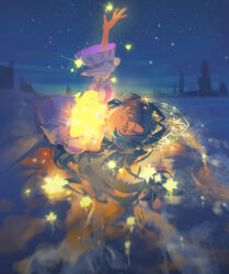 Rule 34 | 1girl, arm up, bare shoulders, blonde hair, blue eyes, blue hair, clothing cutout, colored inner hair, dress, glowing, hair intakes, hair ornament, highres, horizon, hug, juliet sleeves, kokoshnik, kubing aaa, long hair, long sleeves, looking at object, lying, multicolored hair, night, night sky, official alternate costume, puffy sleeves, reverse:1999, shoulder cutout, sky, solo, star (sky), star (symbol), star hair ornament, starry sky, upper body, very long hair, voyager (choir of the stars) (reverse:1999), voyager (reverse:1999), white dress