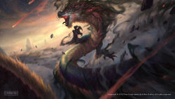 Rule 34 | animal focus, claws, cloud, cloudy sky, commentary, company name, copyright notice, debris, dragon, eastern dragon, english commentary, eye trail, glowing, glowing eye, gradient sky, highres, horns, jormungandr (smite), joshua raphael, light trail, mane, meteor, meteor shower, monster, no humans, official art, open mouth, outdoors, red eyes, scales, sharp teeth, sky, smite, smoke, solo, star (sky), starry sky, sunset, teeth, tongue, watermark