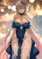 1girl absurdres bare_shoulders blue_dress blue_eyes breasts chain cleavage dark-skinned_female dark_skin dress fate/grand_order fate_(series) gold_chain grey_hair highres large_breasts long_hair looking_at_viewer pucci-la-pucci solo zenobia_(fate) zenobia_(fgo_fes._2025)_(fate)