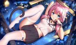 1girl :p ahoge animal_ear_fluff animal_ear_legwear animal_ears bell black_skirt blue_eyes blue_flower blue_rose blush bow_legwear cat_ear_legwear cat_ears collarbone flower hair_between_eyes hair_over_shoulder highres indie_virtual_youtuber jingle_bell long_hair looking_at_viewer low_twintails navel no_shoes pink_hair rose sakurada_hane shirt skirt smile solo tail thighhighs tongue tongue_out twintails virtual_youtuber wet white_shirt white_thighhighs wings wsman zettai_ryouiki