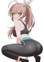 1girl :o absurdres ahoge ass black_pants black_sports_bra breasts brown_eyes brown_hair feather_hair_ornament feathers film_grain from_behind hair_ornament hana20000920 high_ponytail highres hololive hololive_english leggings long_hair medium_breasts midriff nanashi_mumei pants ponytail simple_background solo sports_bra squatting very_long_hair virtual_youtuber white_background yoga_pants