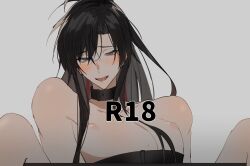 1boy bare_shoulders belt black_belt black_collar black_hair blush chest_belt collar collarbone grey_background grey_eyes hair_between_eyes implied_yaoi long_hair looking_at_viewer male_focus manjuyawaraka modao_zushi nipples non-web_source nude open_mouth pectorals ponytail saliva sidelocks simple_background sitting smile solo spread_legs tongue tongue_out upper_body wei_wuxian