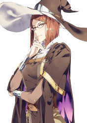 Rule 34 | 1girl, absurdres, black cape, black dress, black hat, bracelet, breasts, brown eyes, brown hair, cape, commentary request, dress, fire emblem, fire emblem awakening, glasses, hand on own face, hat, highres, jewelry, large hat, looking at viewer, miriel (fire emblem), nintendo, purple cape, red-framed eyewear, ring, short hair, simple background, small breasts, solo, tsujii luki, two-tone cape, white background, witch hat