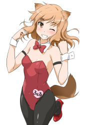 1girl animal_ears bare_shoulders black_pantyhose blush bow bowtie breasts brown_eyes brown_hair cleavage covered_navel detached_collar female_focus fernandia_malvezzi grin leotard long_hair medium_breasts name_tag nontraditional_playboy_bunny one_eye_closed pantyhose playboy_bunny red_leotard smile solo strike_witches strike_witches:_kurenai_no_majo-tachi tail wink world_witches_series wrist_cuffs youkan