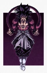 1boy absurdres black_hair black_pants body_fur boots border dragon_ball dragon_ball_gt dragon_ball_super earrings full_body goku_black highres jewelry long_hair muma_maximum76 muscular muscular_male pants potara_earrings purple_background red_fur red_tail simple_background single_earring solo spiked_hair super_saiyan super_saiyan_4 topless_male white_boots white_border yellow_eyes