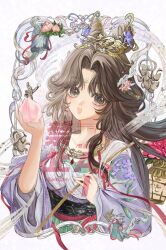 Rule 34 | 1girl, :d, black eyes, black hair, border, chinese clothes, cropped torso, dragon, eastern dragon, facial mark, food, forehead mark, fruit, hair bun, hair ornament, hand up, hanfu, holding, holding food, holding fruit, holding lantern, jiu niangzi, jiu niangzi (blossom spring fairy), lantern, long hair, looking at viewer, official alternate costume, open mouth, ornate border, parted bangs, peach, purple hanfu, reverse:1999, seiiichannnn, smile, snake, solo, statuette, upper body, watermark, white background