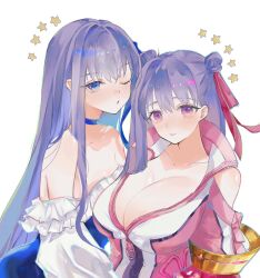 Rule 34 | 2girls, bare shoulders, blue choker, blue eyes, blue one-piece swimsuit, blue ribbon, breasts, choker, cleavage, double bun, fate/grand order, fate (series), frills, hair bun, hair ribbon, heart, highres, huge breasts, jacket, long hair, long sleeves, looking at viewer, meltryllis, meltryllis (fate), meltryllis (swimsuit lancer) (fate), meltryllis (swimsuit lancer) (second ascension) (fate), multiple girls, nigiri, off-shoulder one-piece swimsuit, off shoulder, one-piece swimsuit, one eye closed, open clothes, open jacket, passionlip (celeb summer experience swimsuit) (fate), passionlip (fate), puckered lips, purple eyes, purple hair, red ribbon, ribbon, small breasts, smile, strapless, strapless one-piece swimsuit, swimsuit, zipper, zipper pull tab